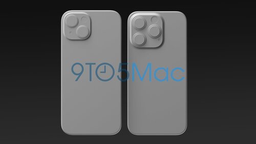 Cámaras del iPhone 15 (izquierda) y el iPhone 15 Pro (derecha) en modelos 3D