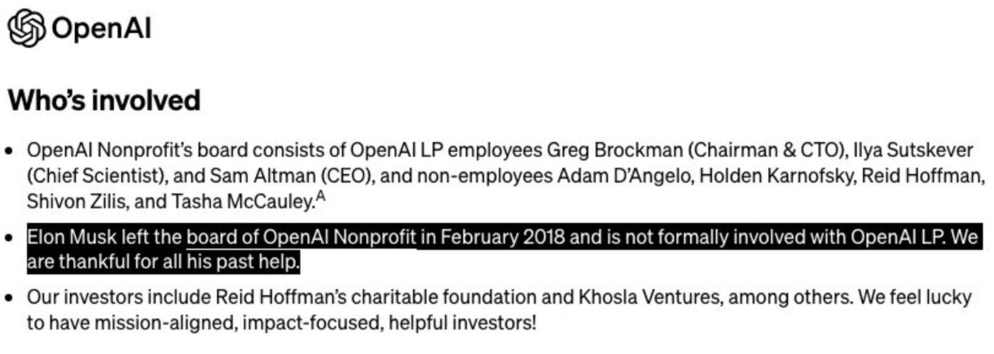 En el apartado de 'Quién está involucrado' de la web de OpenAI pone: 'Elon Musk dejó la junta directiva de OpenAI sin ánimo de lucro en febrero de 2018 y no está involucrado formalmente con OpenAI LP. Estamos agradecidos por toda su ayuda pasada'