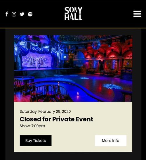 El Sony Hall de Nueva York perecerá cerrado el 29 de febrero por un evento privado, ¿casualidad?