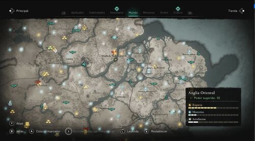 Una pequeña porción del mapa de Assasin's Creed Valhalla repleto de ubicaciones y misiones que completar